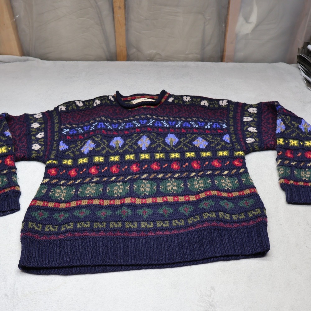LL Bean Wool‎ Sweater Women Large Blue Fair Isle Knit Heavy Pullover Retro VTG